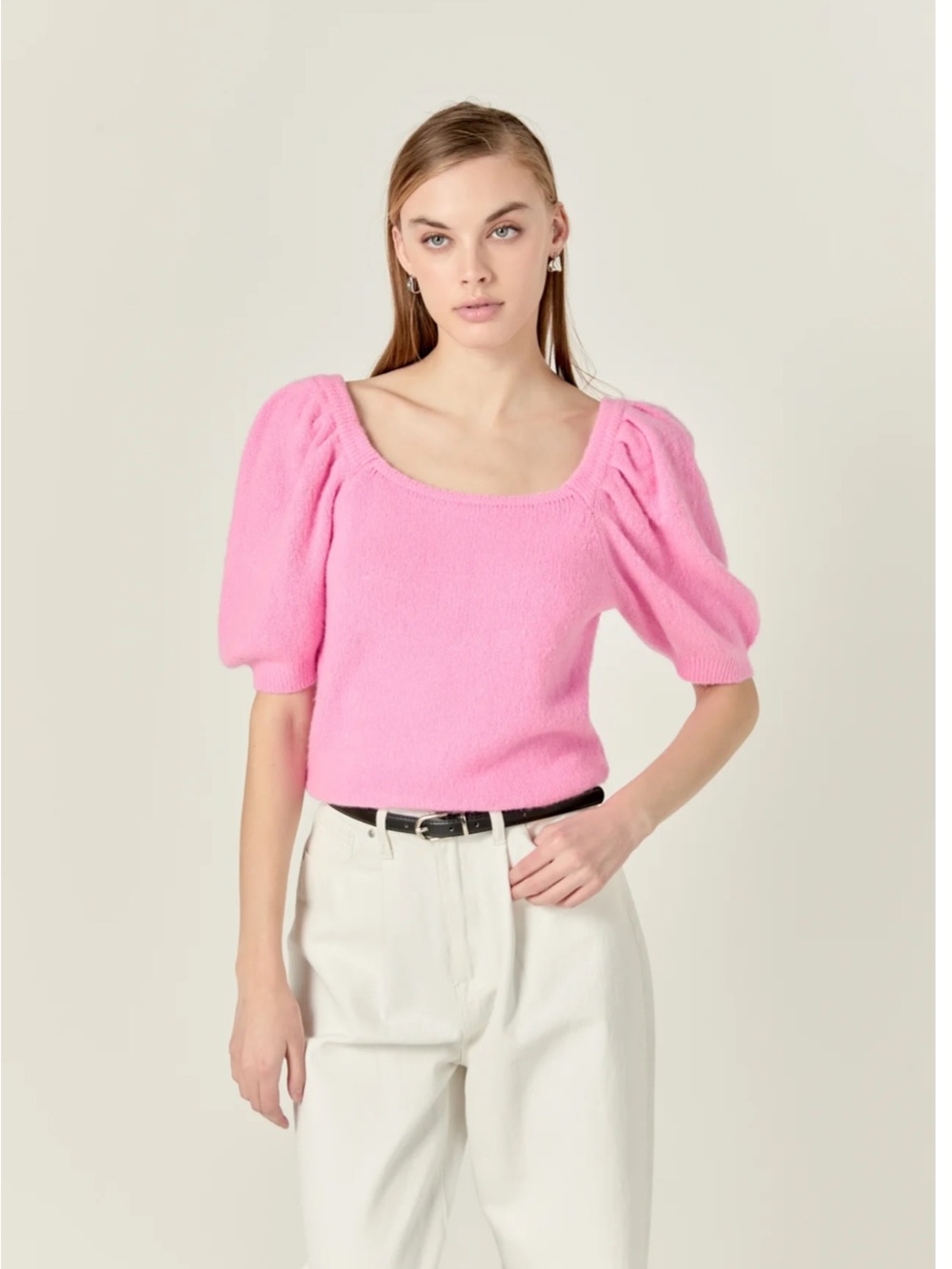 English Factory Women’s Bubblegum Pink Puff-Sleeve Scoop Neck Sweater Size L